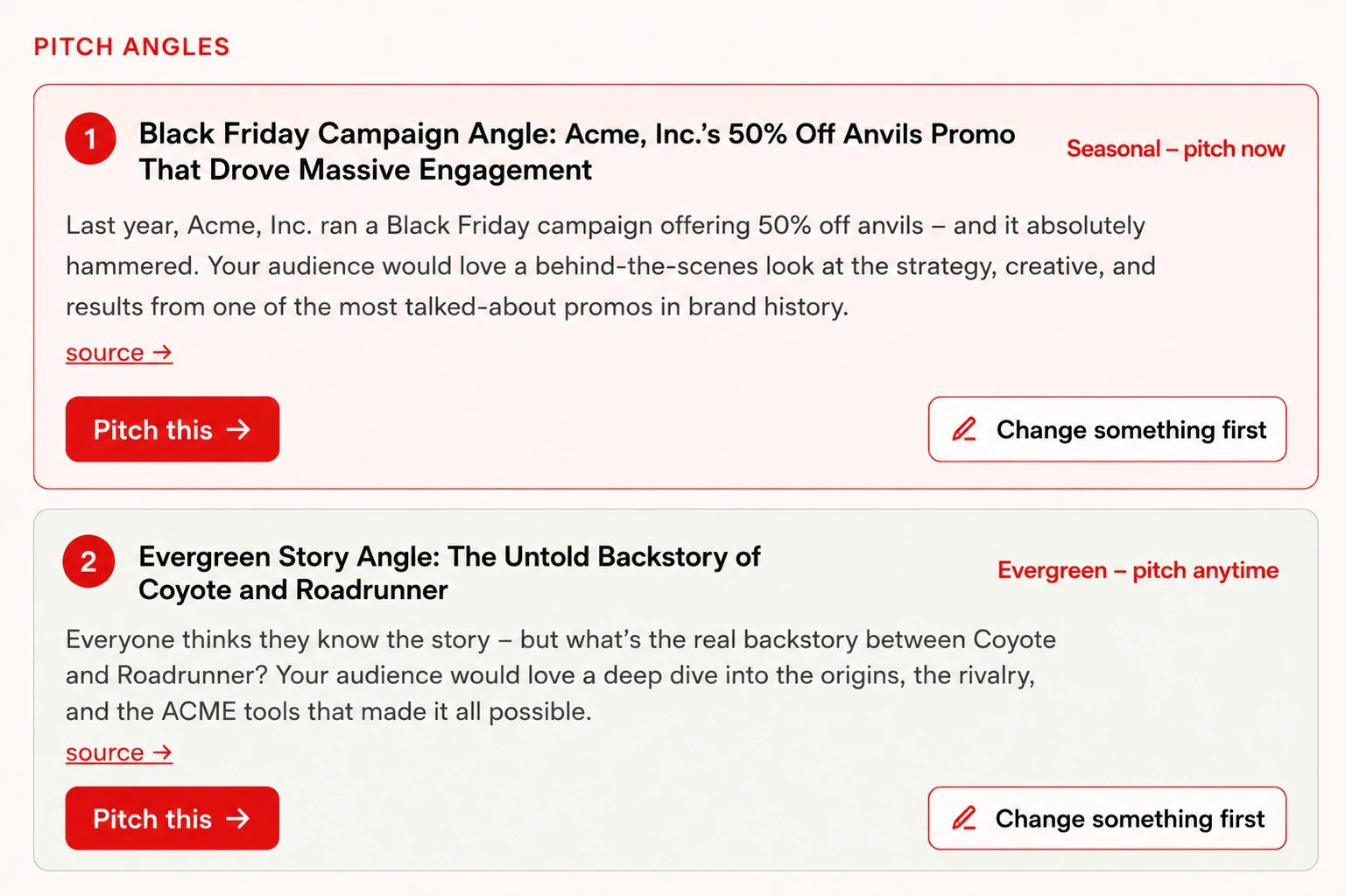 Sponsor Mole pitch angles for a brand: a seasonal Black Friday angle flagged "pitch now", and an evergreen angle flagged "pitch anytime", each with a one-click Pitch this button.
