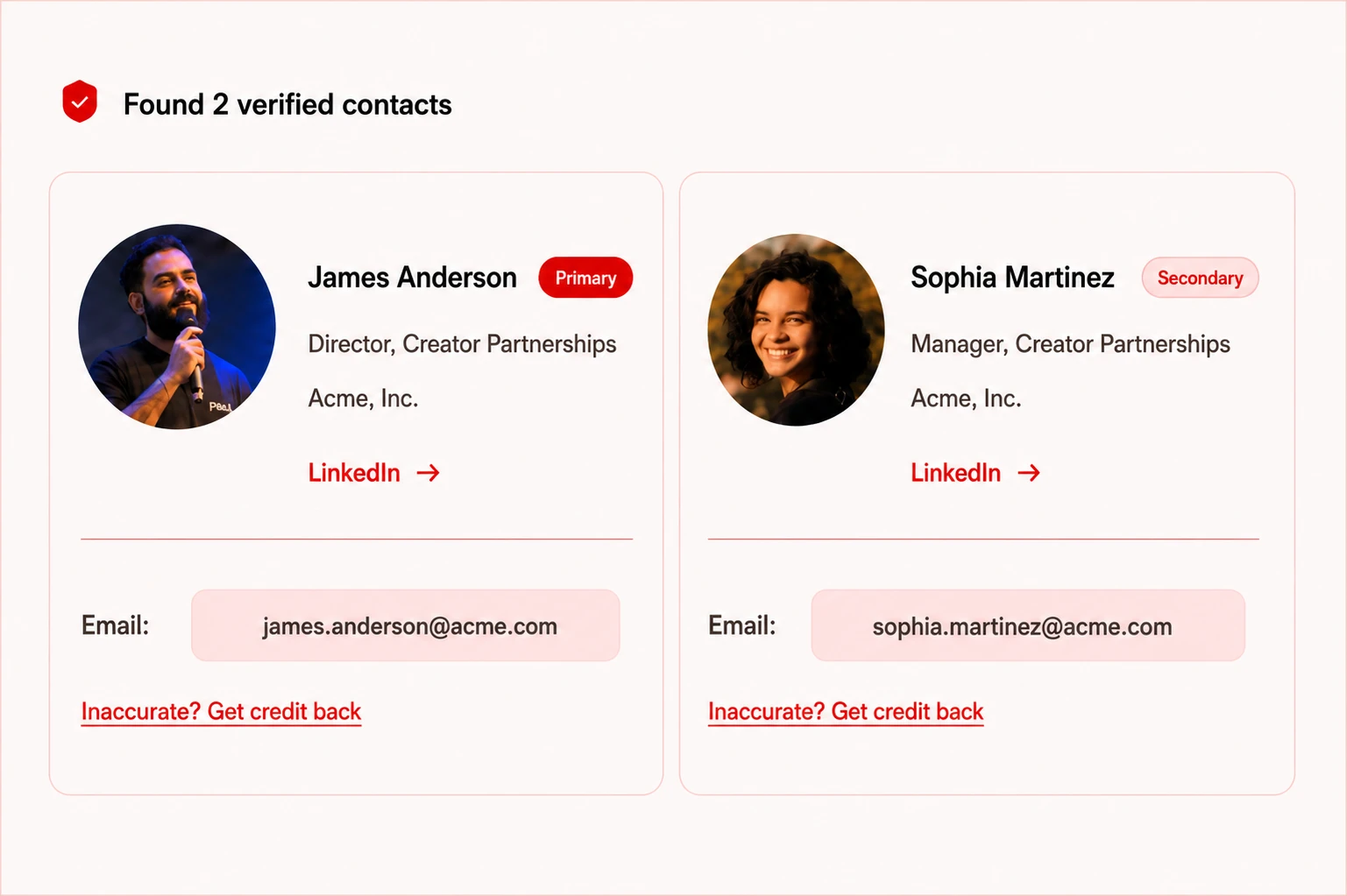 A Sponsor Mole contact search result reading "Found 2 verified contacts", showing two sponsorship contacts side by side with their titles, company, LinkedIn links and verified email addresses.