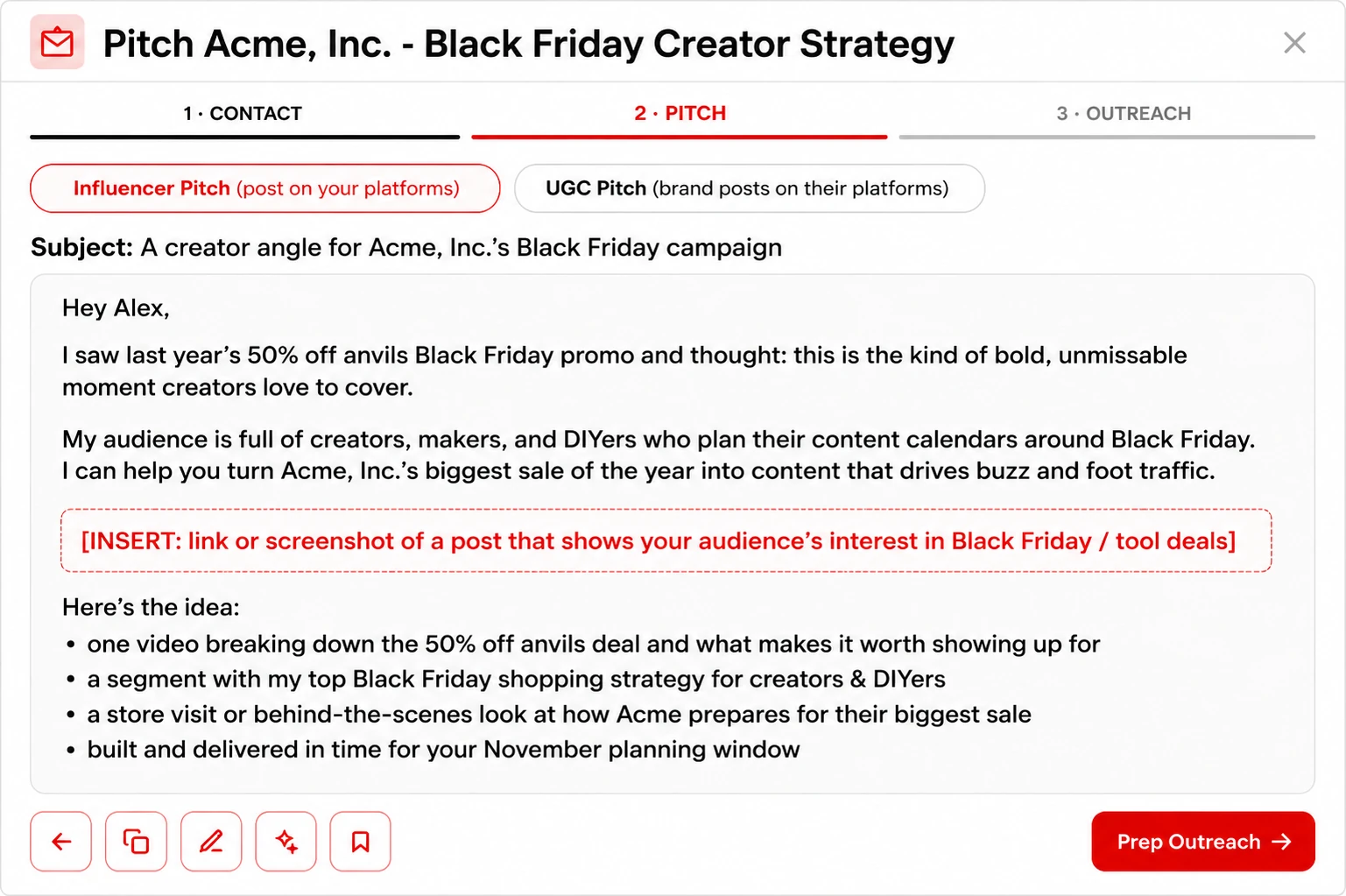 A generated pitch in Sponsor Mole: subject line, a personalised email referencing the brand's Black Friday campaign, a prompt to drop in one of your own posts, a bulleted list of what you'd deliver, and controls to copy, edit or tweak it before preparing outreach.