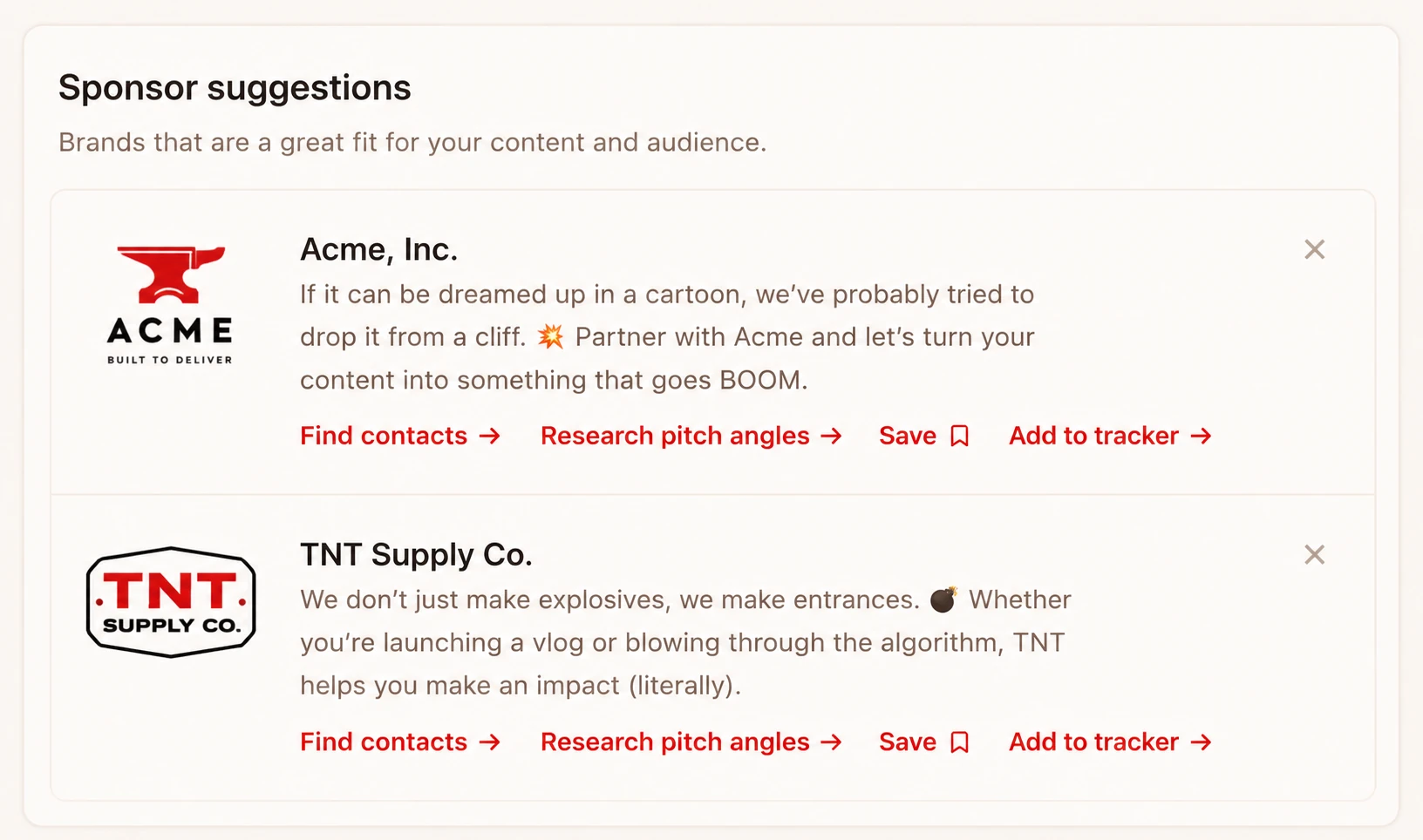 The sponsor suggestions panel: brands picked as a fit for your content, each with a short note on why, and one-click actions to find contacts, research pitch angles, save it, or add it to the tracker.
